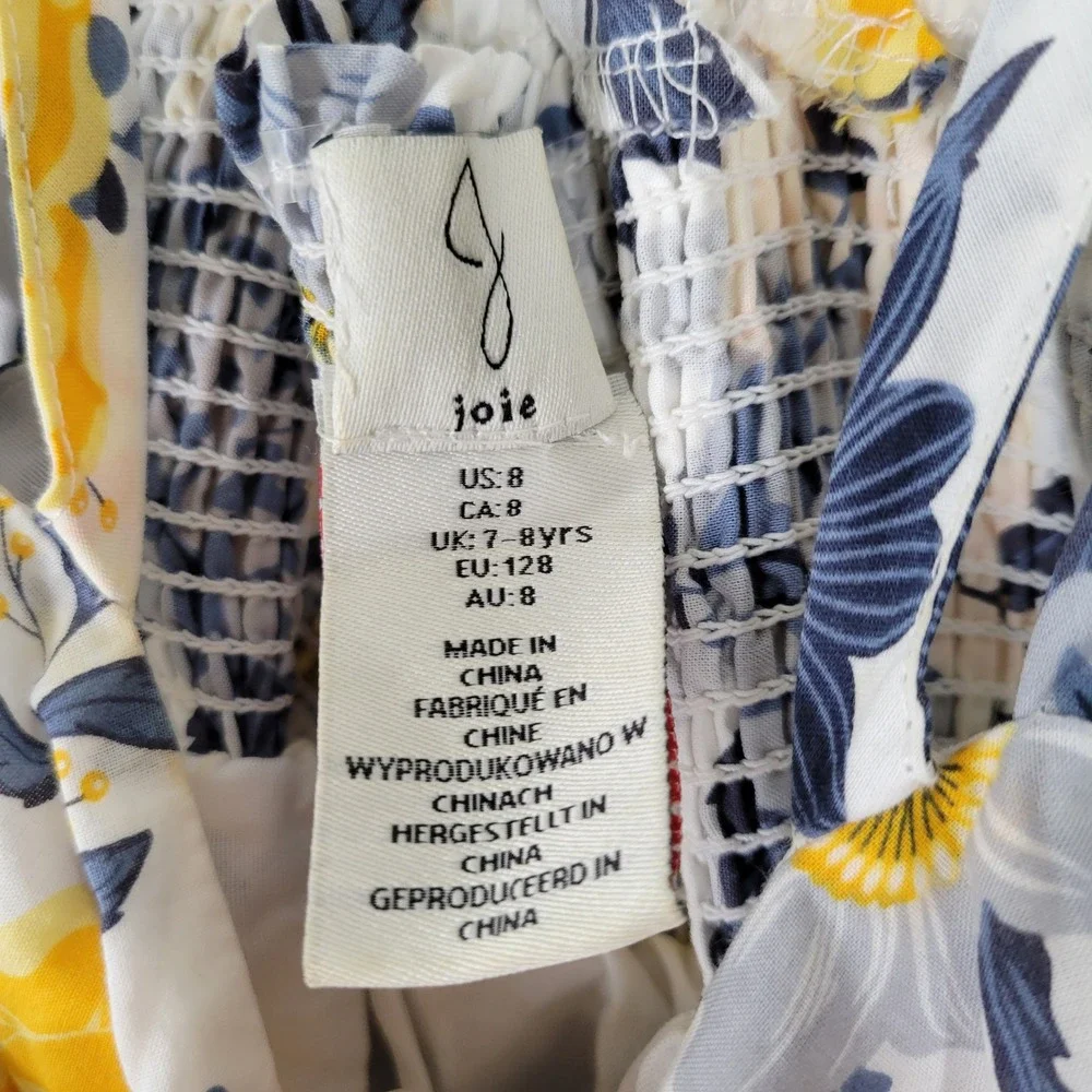 Joie‎ Floral Dress Girls Size 8 White Yellow Blue Hankerchief Hem Smocked